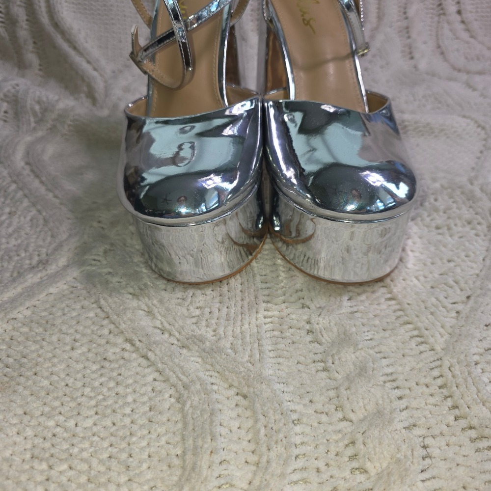Lulus Platform Heels‎ Silver Metallic Ankle Strap Pumps Womens 8.5 Excellent - Picture 5 of 8